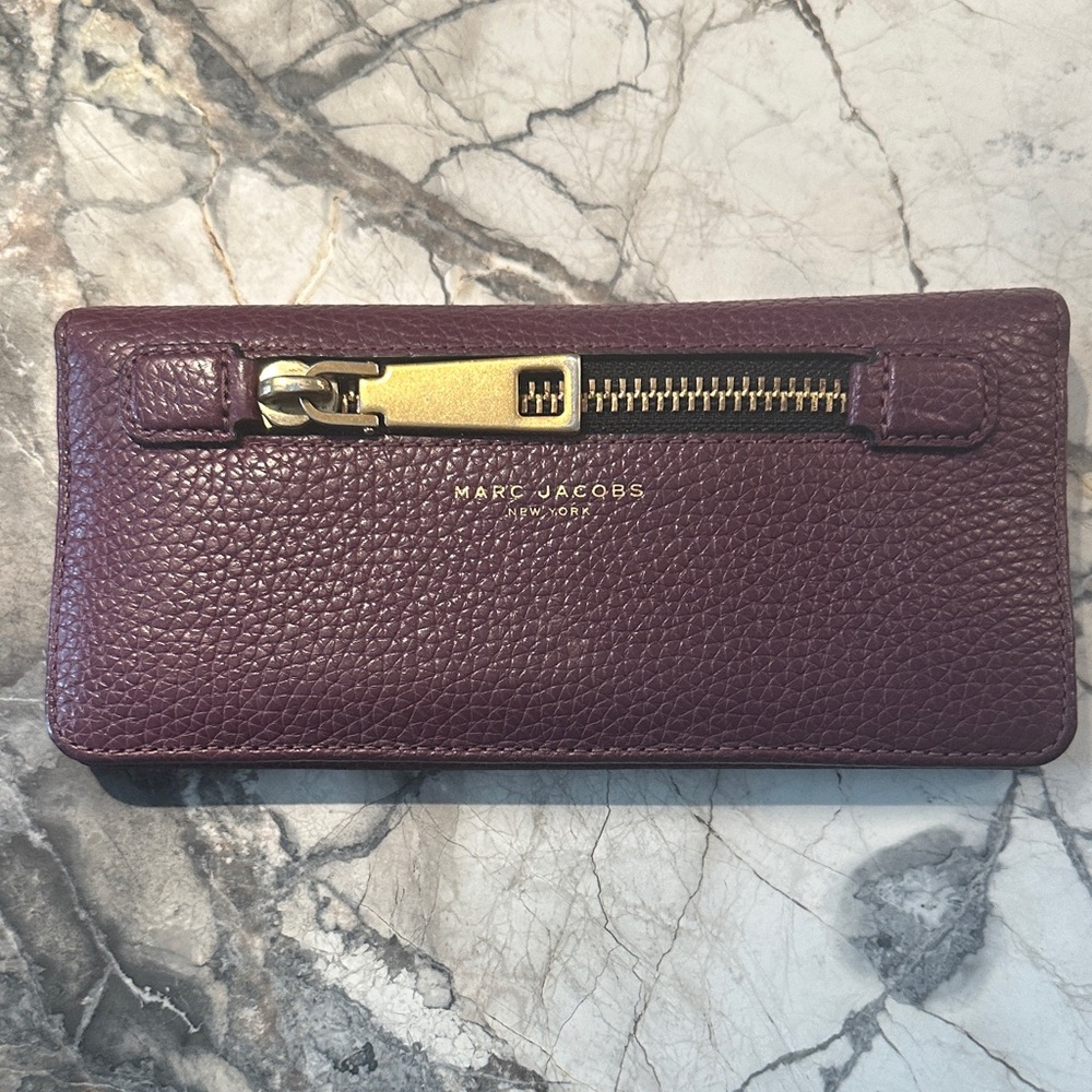 Marc Jacobs Burgundy Leather Clutch with Gold Zipper